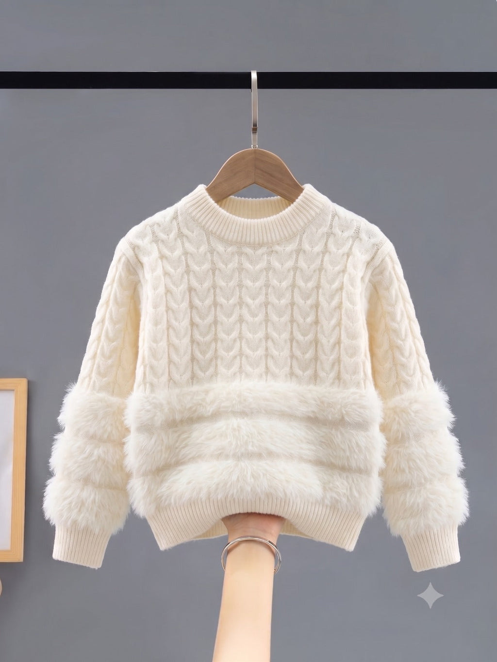 Ivory cable knit baby sweater with faux fur panels