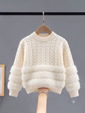 Ivory cable knit baby sweater with faux fur panels