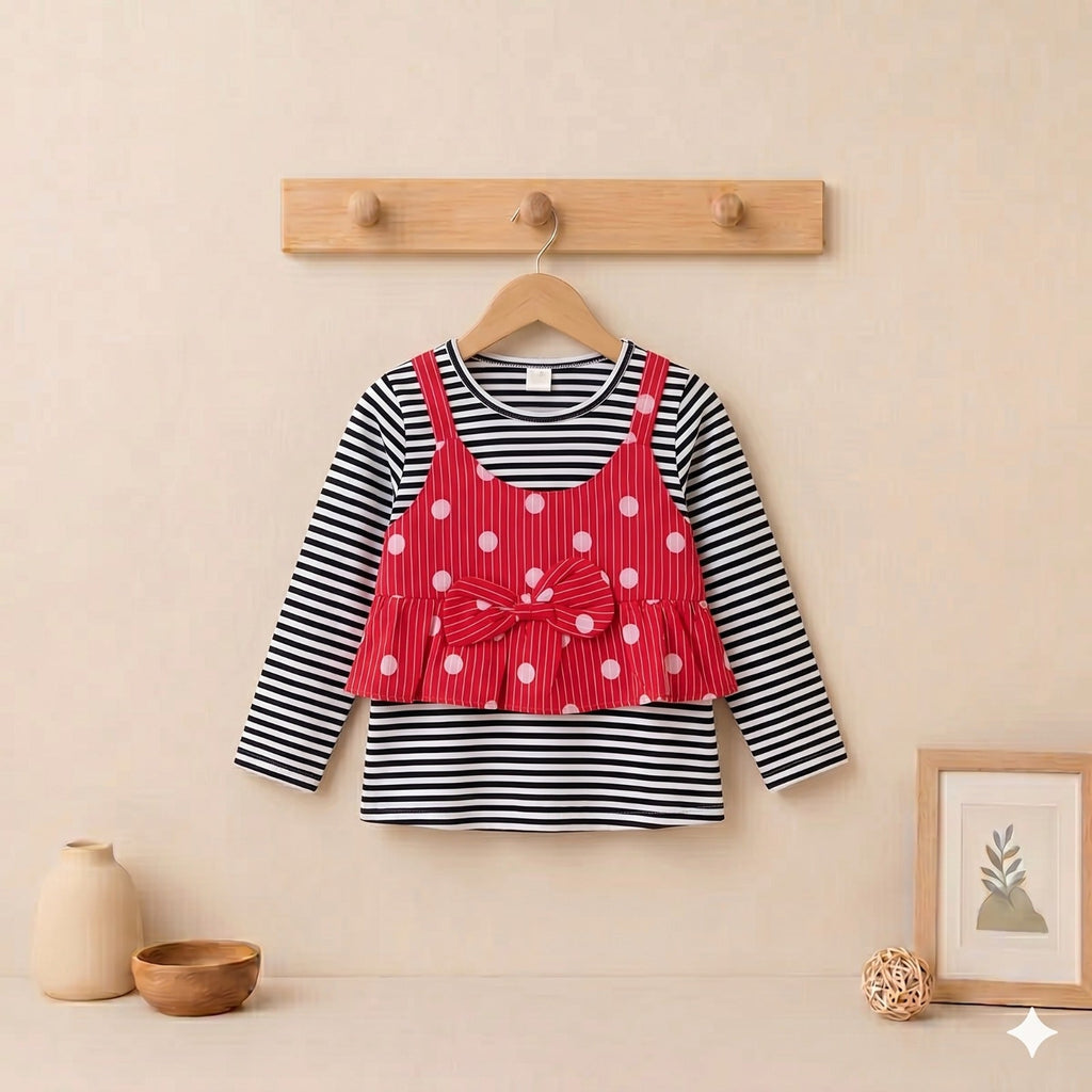 Cherry red polka dot ruffle top over black and white striped tee