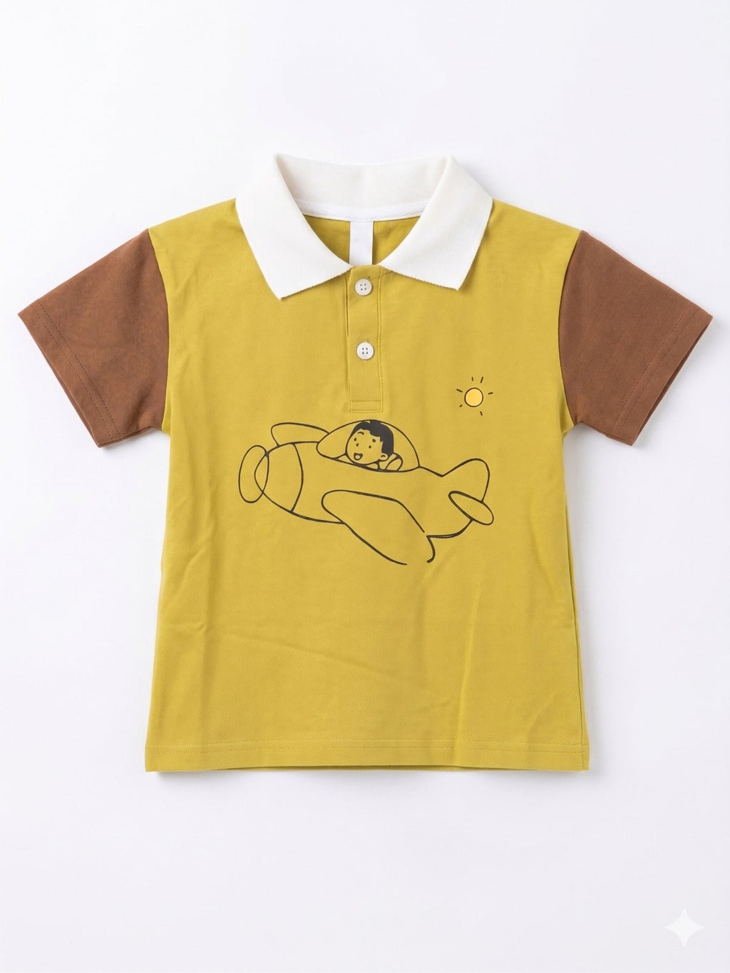 Mustard baby polo shirt with brown sleeves and airplane print