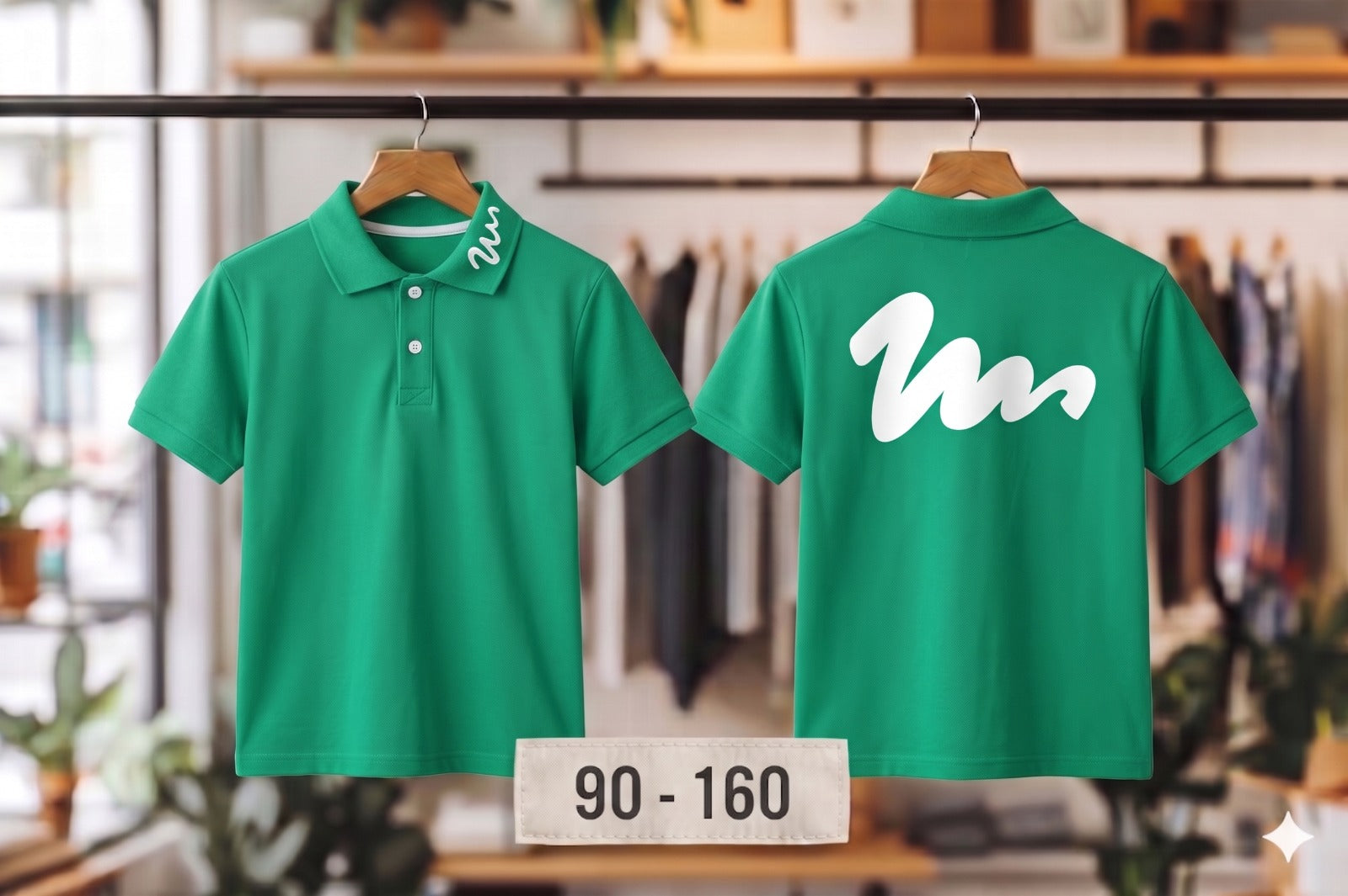 Green cotton pique polo shirt for kids, front and back view with script logo