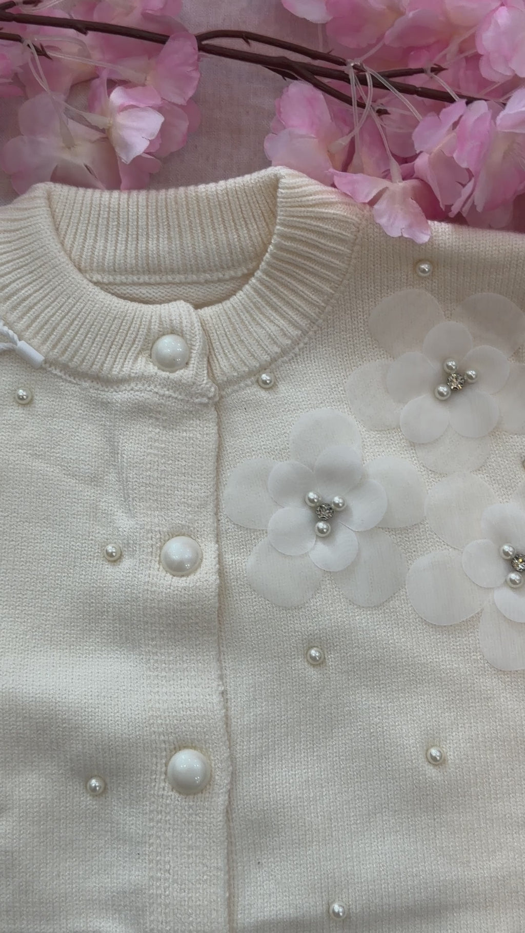 Girls Pearl Embellished Knit Cardigan Jersey – Cream with 3D Flowers